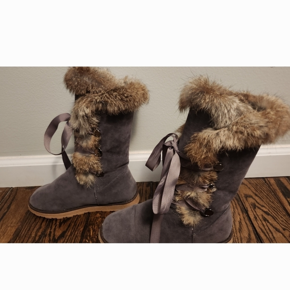 Handmade Cinnabelle Rabbit Fur and Suede Leather Lace up Boots - Picture 4 of 10